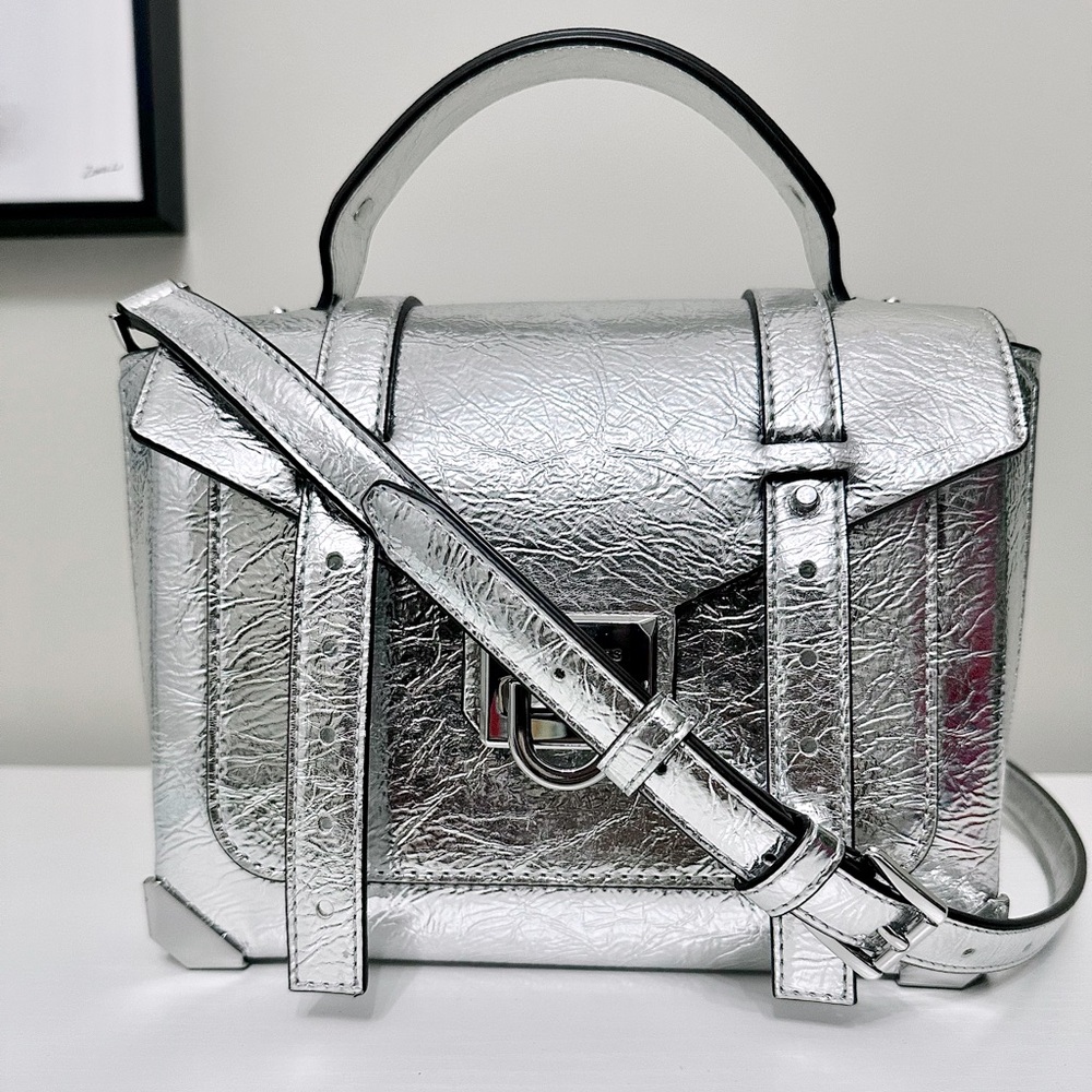 MICHAEL KORS, Manhattan Top Handle Leather Satchel Crossbody, silver martini
